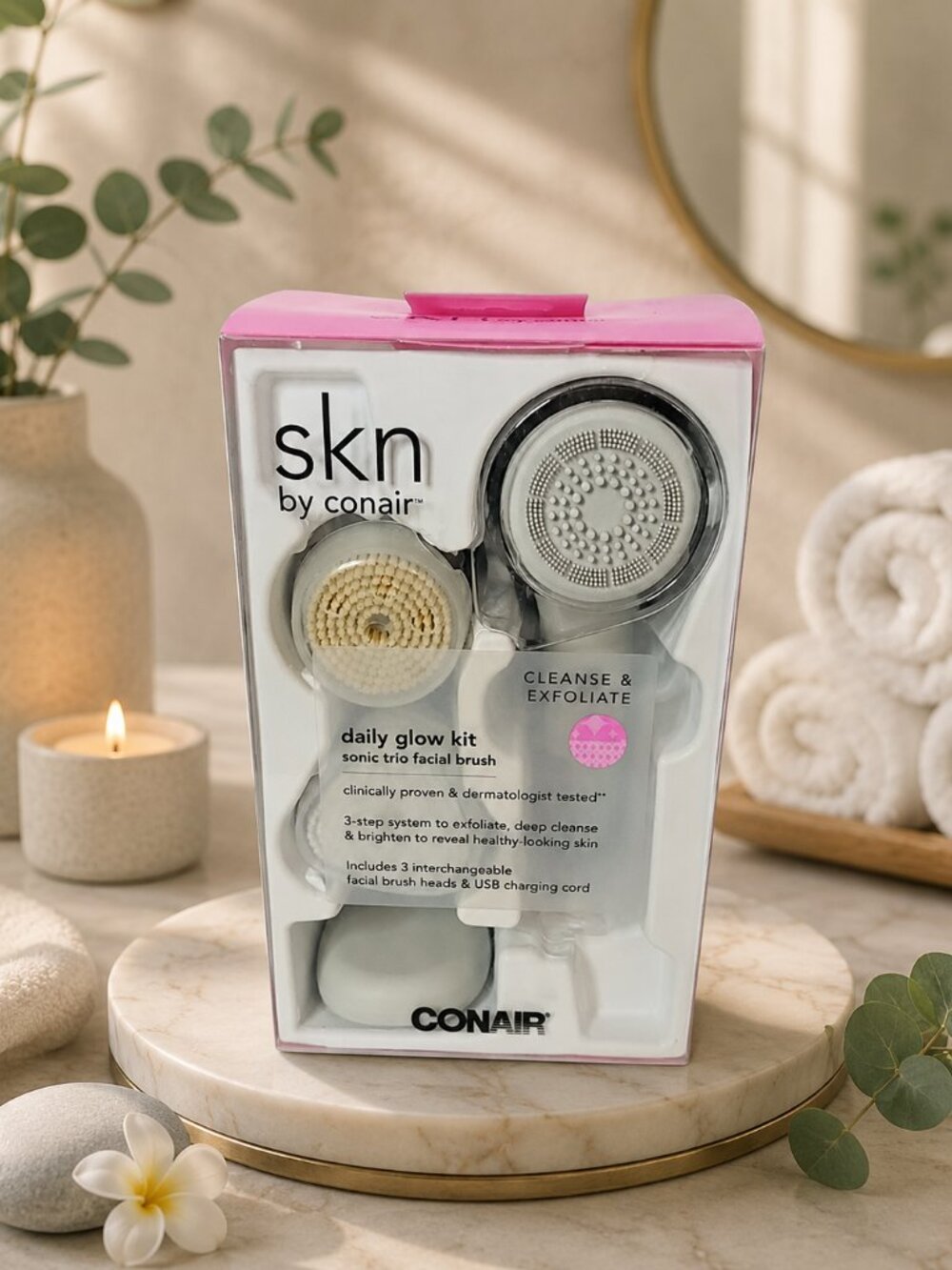 NIB SKN by Conair Daily Glow Kit Sonic Trio Facial Brush Cleansing System